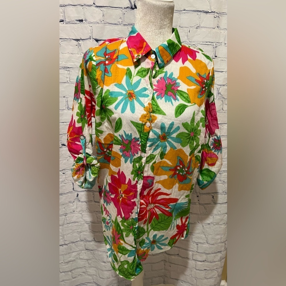Shoreline Wear Lightweight Cotton Floral Button-Down Collared Shirt Size Large